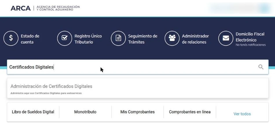 El servicio se encuentra desde el buscador del portal de ARCA