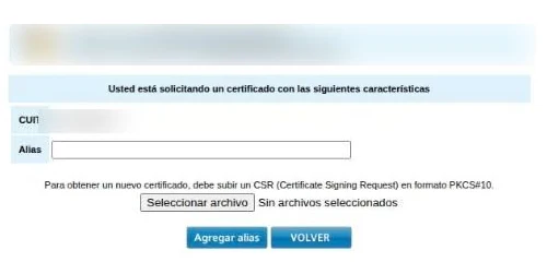 El alta pide el alias y el archivo .csr que descargaste de Contala