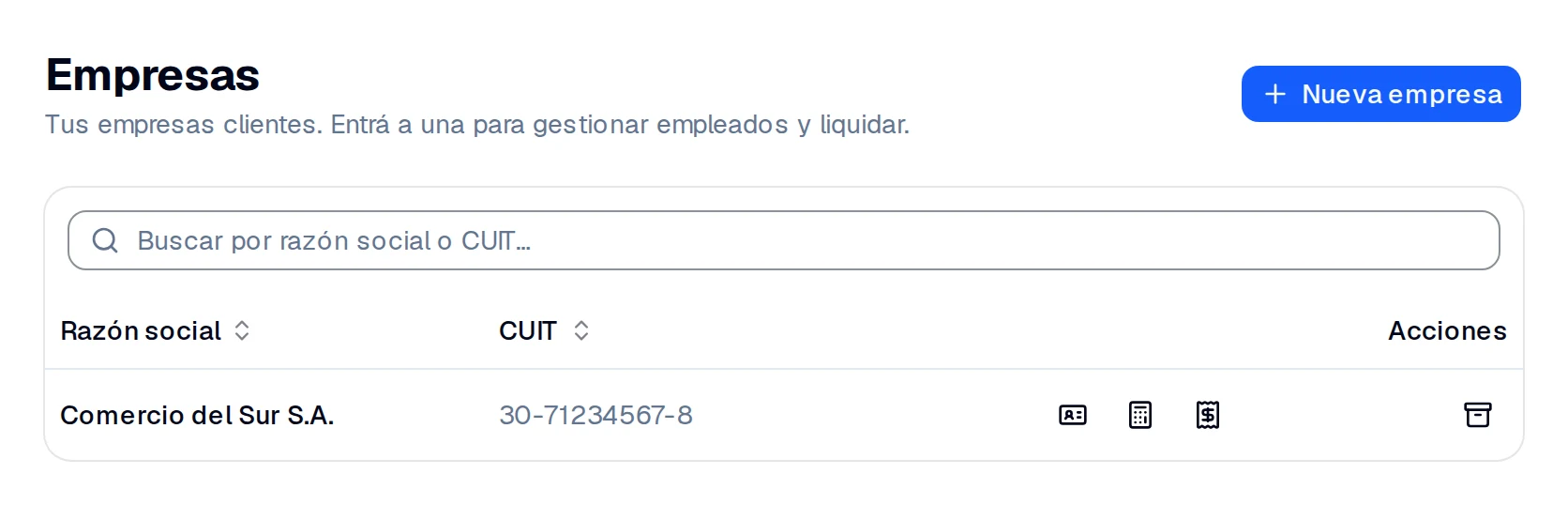 El listado de empresas: se entra a una para gestionar empleados y liquidar