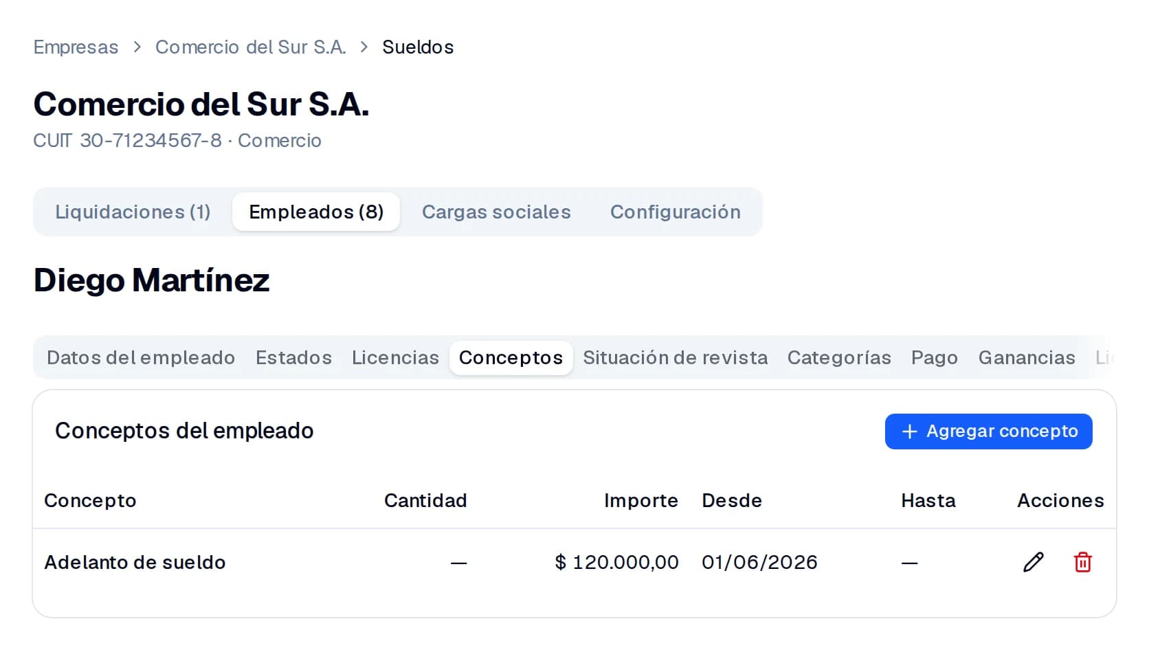 Conceptos del empleado: cada novedad con su importe y desde cuándo rige