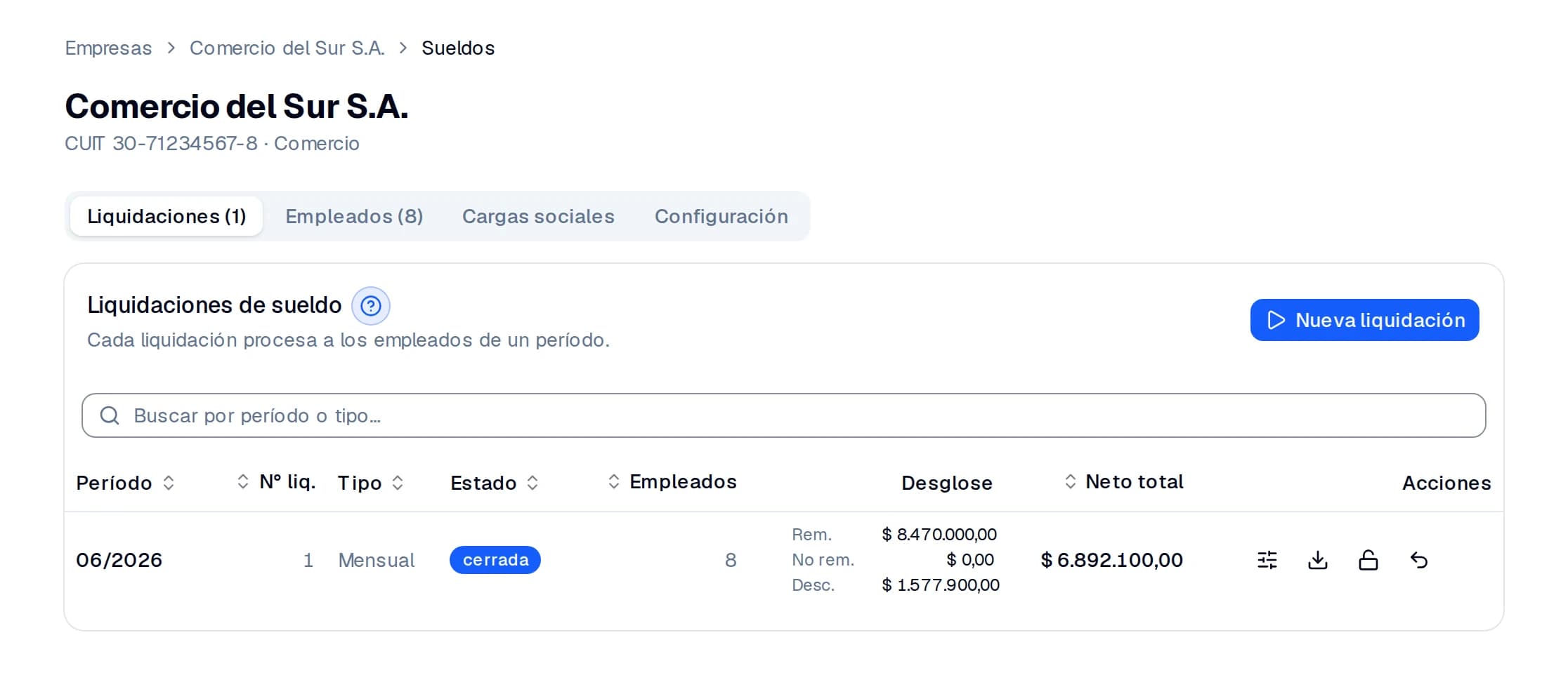 El listado de liquidaciones, con el estado de cada una y las acciones a la derecha