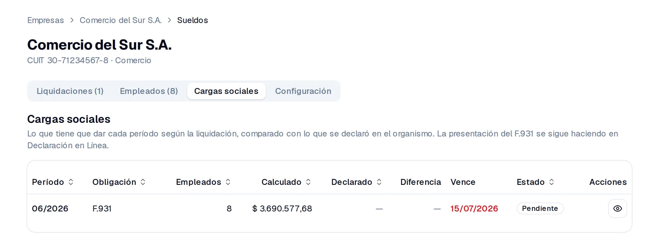 Cargas sociales: lo calculado por la liquidación, lo declarado y la fecha de vencimiento